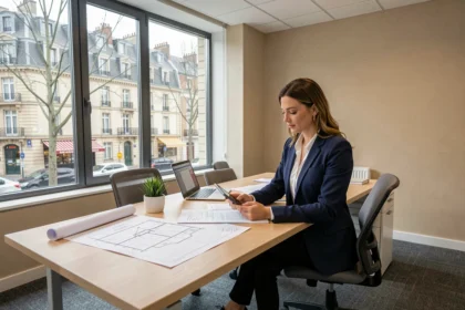 Agent immobilière professionnelle consultant des documents dans une agence de gestion locative à Nantes, Loire-Atlantique