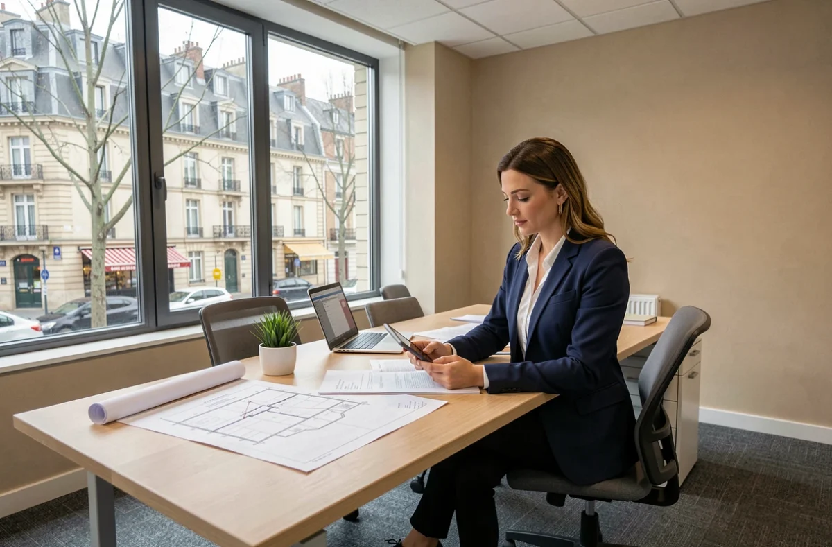 Agent immobilière professionnelle consultant des documents dans une agence de gestion locative à Nantes, Loire-Atlantique