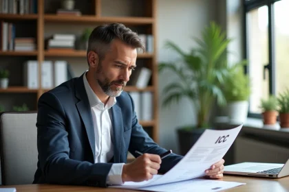 Homme gestionnaire immobilier lisant un document dans un bureau moderne