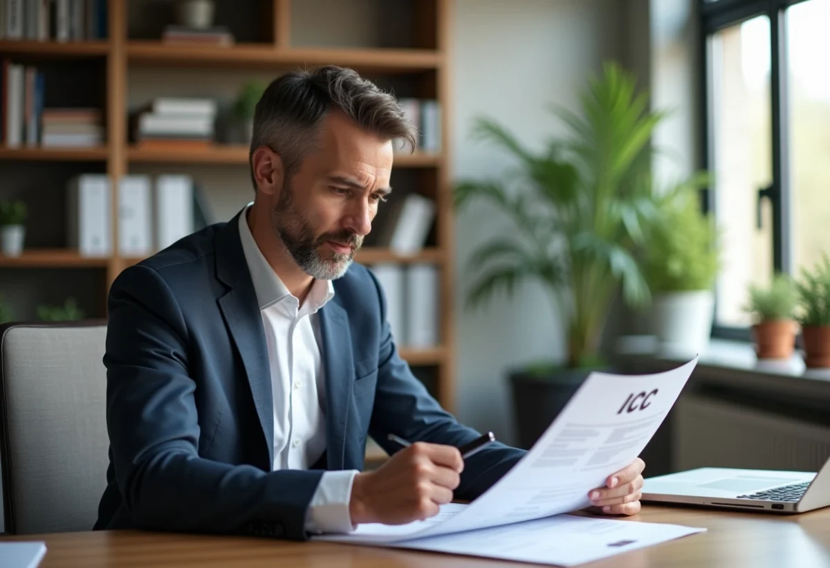 Homme gestionnaire immobilier lisant un document dans un bureau moderne
