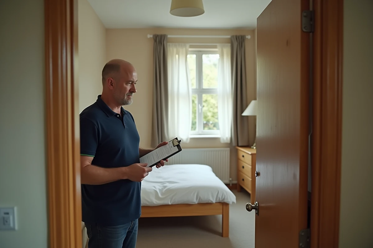 Gestionnaire immobilier vérifiant l'inventaire du mobilier dans une chambre de location meublée