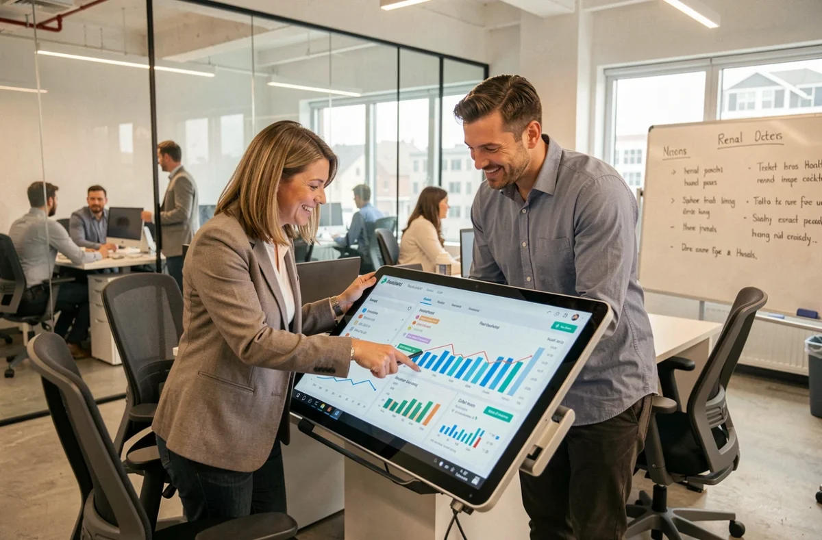 Équipe du Groupe CIF analysant un portefeuille de biens locatifs sur un écran interactif dans leurs bureaux