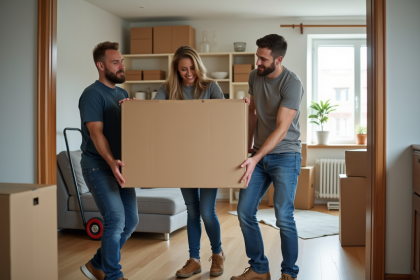 Groupe de trois adultes soulevant une grande boîte dans un appartement