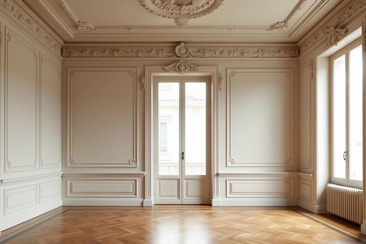 Intérieur d'appartement haussmannien avec hauts plafonds et moulures en plâtre élaborées, rosace centrale, corniche périphérique et parquet à point de Hongrie