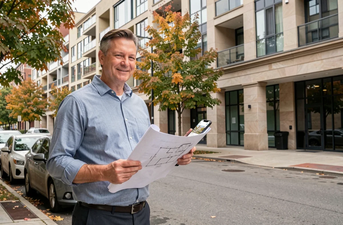 Homme tenant un plan de bien immobilier devant un immeuble pour un achat via une SCI en solo
