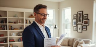 Assurance habitation : un incontournable pour tout propriétaire Homme d'âge moyen souriant avec documents d'assurance dans un salon lumineux