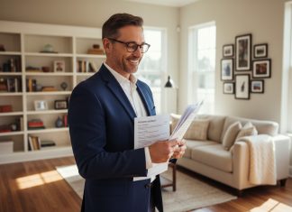 Assurance habitation : un incontournable pour tout propriétaire Homme d'âge moyen souriant avec documents d'assurance dans un salon lumineux