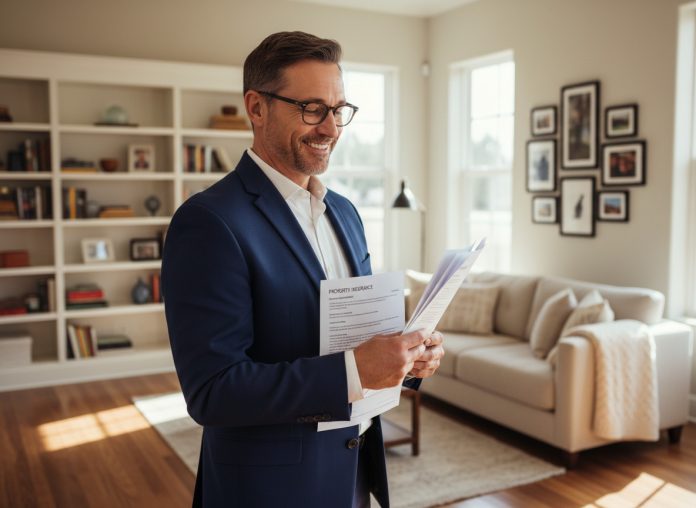 homme-assureur-salon Homme d'âge moyen souriant avec documents d'assurance dans un salon lumineux