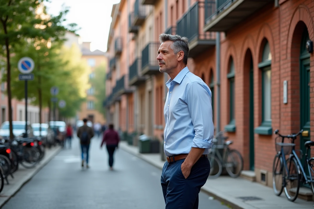 Homme d age moyen devant immeuble en ville de Toulouse