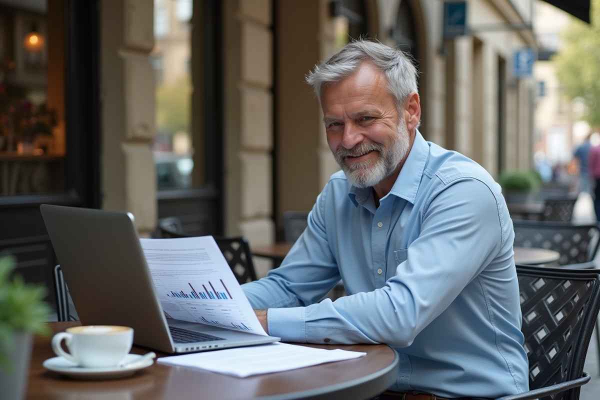 Homme souriant au café avec ordinateur et contrat financier
