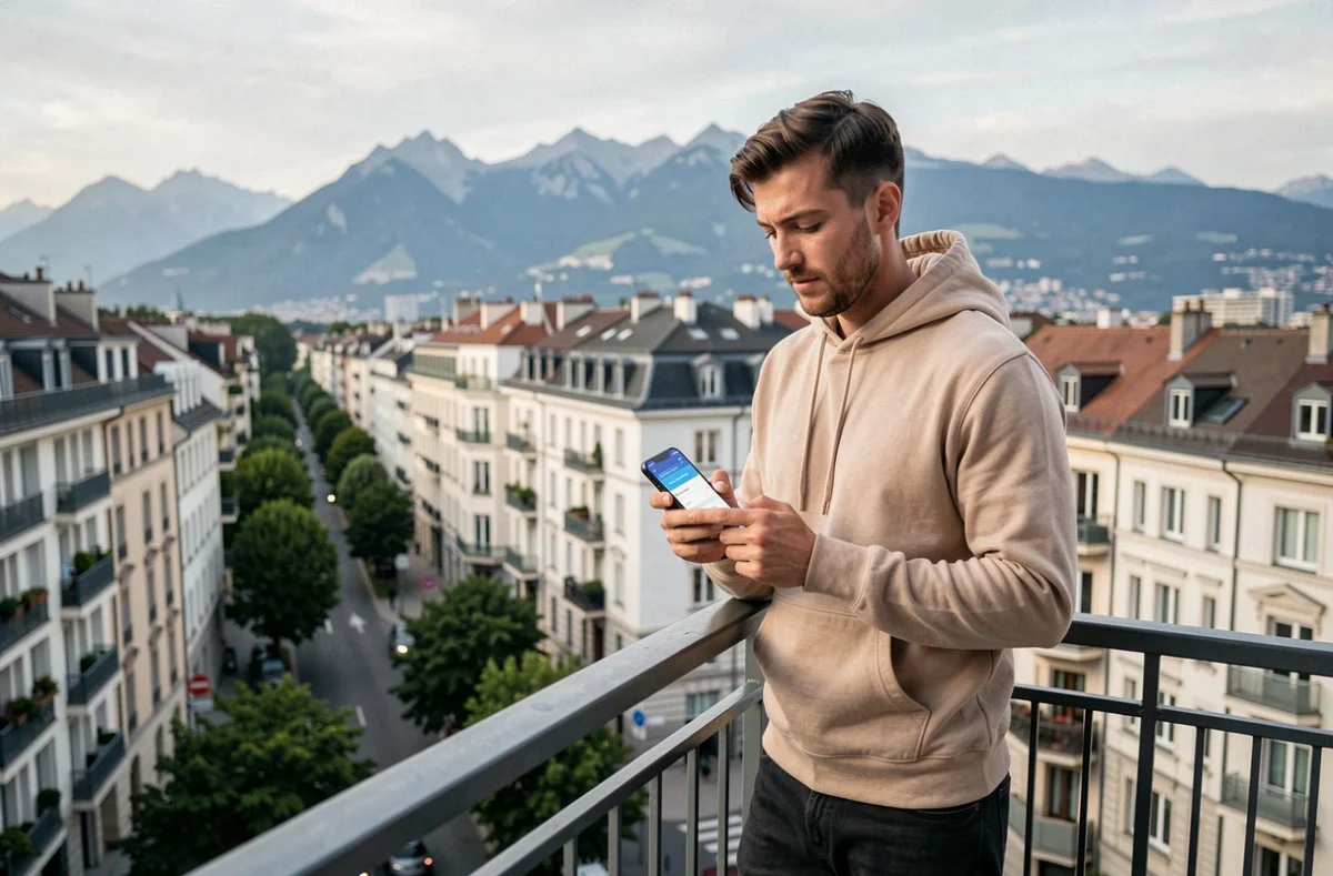 Jeune homme comparant des assurances habitation sur smartphone depuis un balcon avec vue sur Annemasse