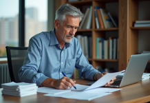 Homme d'âge moyen concentré sur ses documents au bureau