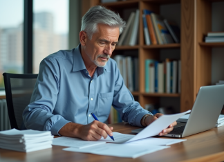 Homme d'âge moyen concentré sur ses documents au bureau