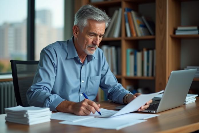 Homme d'âge moyen concentré sur ses documents au bureau