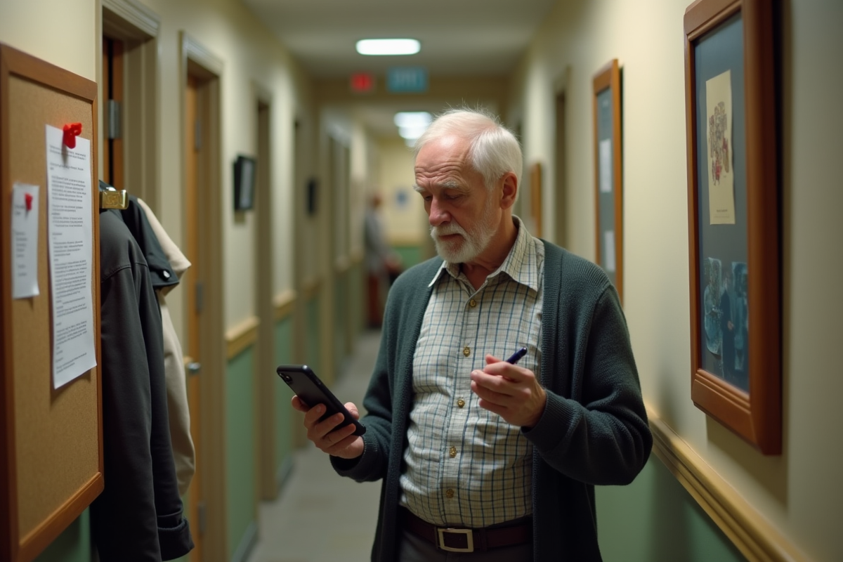 Homme âgé prenant des notes sur un contrat de location dans le couloir