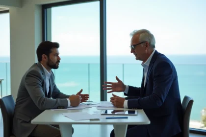 Homme en blazer navy discutant face à la mer