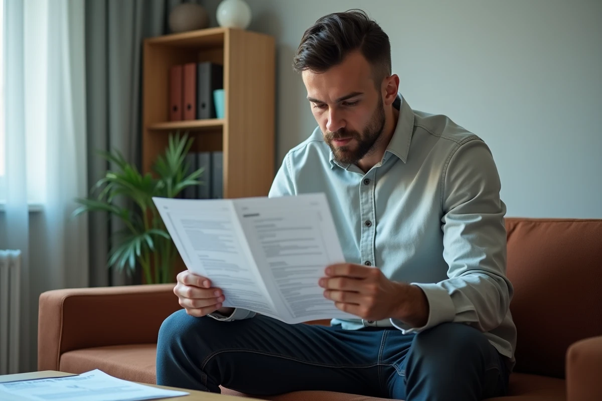 Homme en recherche d'appartement consultant ses dossiers de candidature locative dans un studio modeste