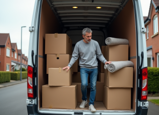 Idées pour remplir un camion 6m3 : astuces et conseils pratiques ! Homme empilant des cartons dans un van de déménagement