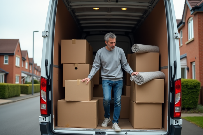Homme empilant des cartons dans un van de déménagement