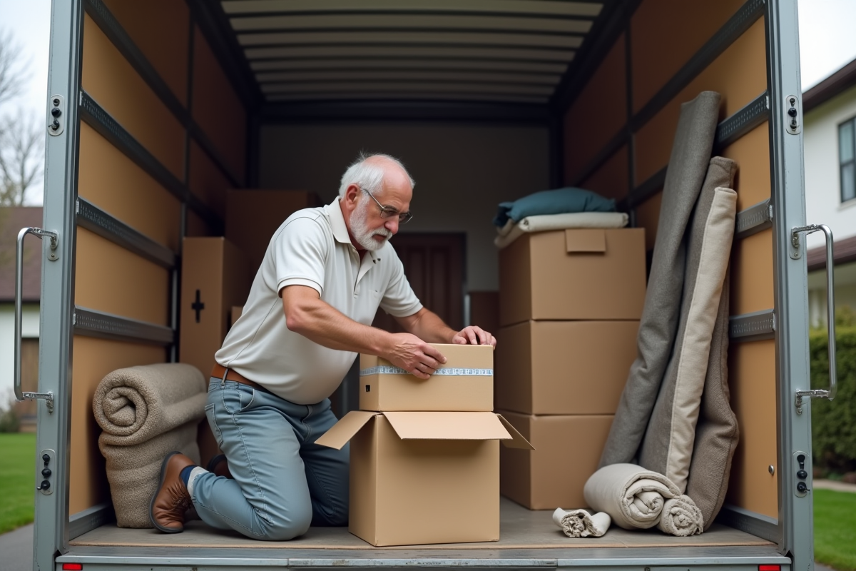 Homme d age tapant une box dans un camion de déménagement