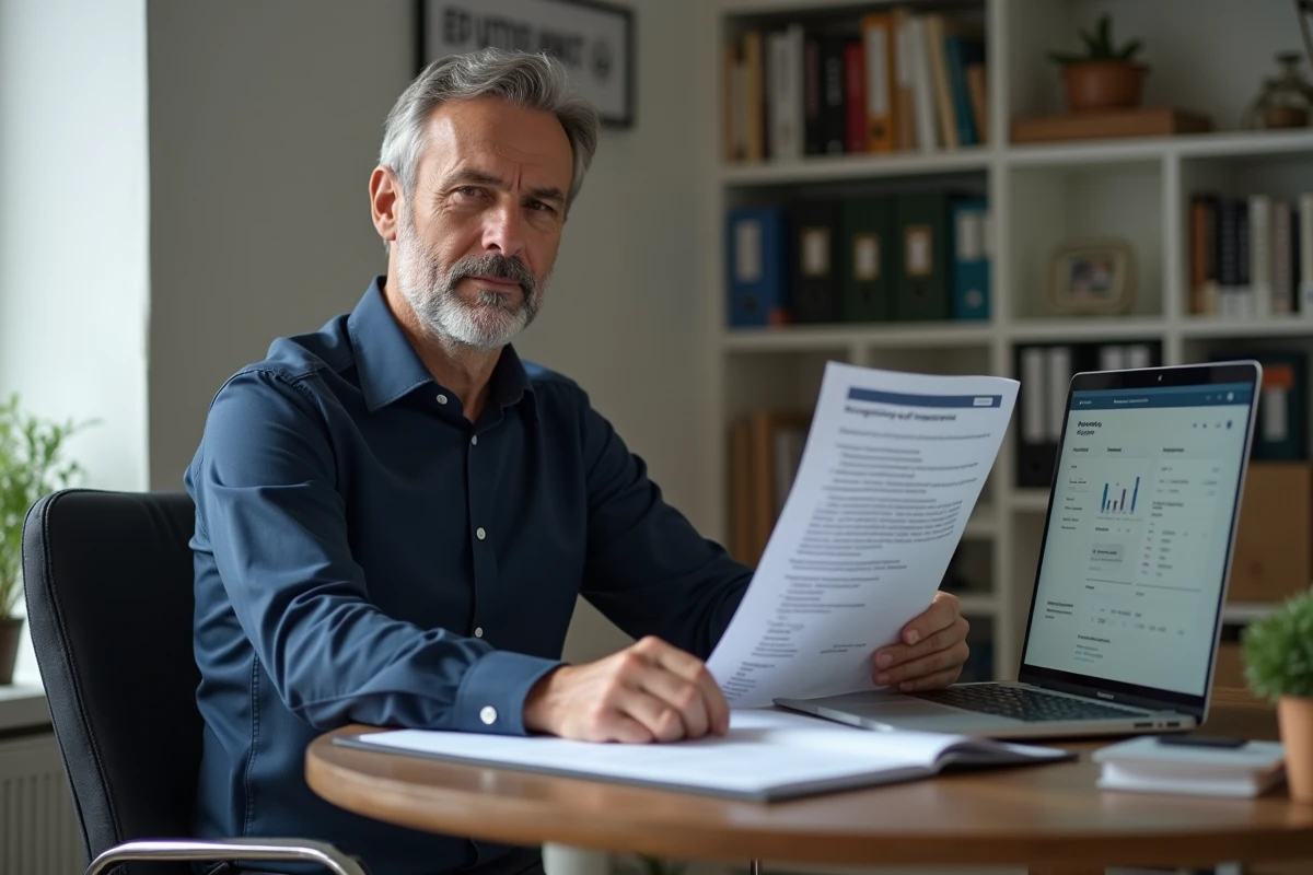 Homme gérant sa copropriété via un espace client en ligne sur ordinateur portable au bureau