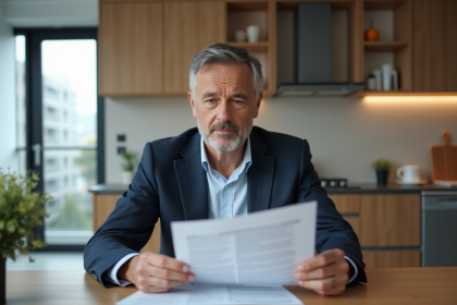 Homme d'âge moyen examinant des documents de location dans une cuisine moderne