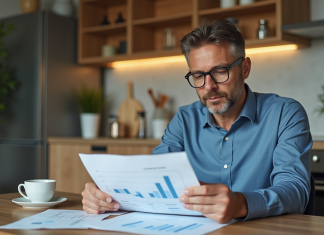 Homme d'âge moyen étudiant des documents de prêt immobilier