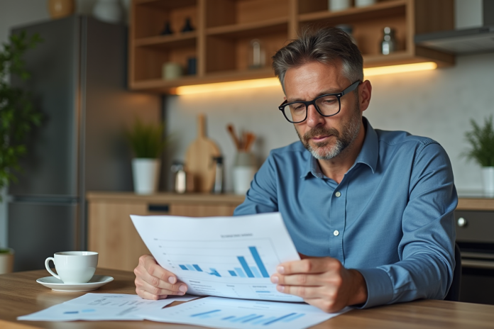 homme-lecture-pret-hypotheque Homme d'âge moyen étudiant des documents de prêt immobilier