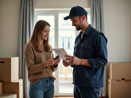 Paiement déménageurs : quel est le moment idéal pour payer les professionnels ? Homme en uniforme remettant une facture à une femme dans un salon