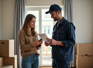 Paiement déménageurs : quel est le moment idéal pour payer les professionnels ? Homme en uniforme remettant une facture à une femme dans un salon