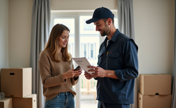 Homme en uniforme remettant une facture à une femme dans un salon