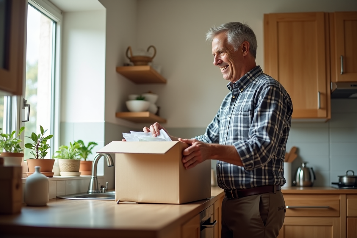 Homme d age organisant des objets dans la cuisine lumineuse