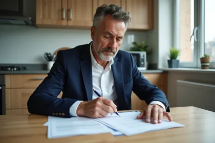 Homme d'âge moyen en blazer regardant un contrat immobilier