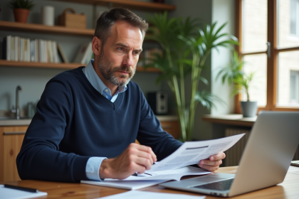 Homme d'âge moyen vérifiant ses formulaires d'impôts locatifs