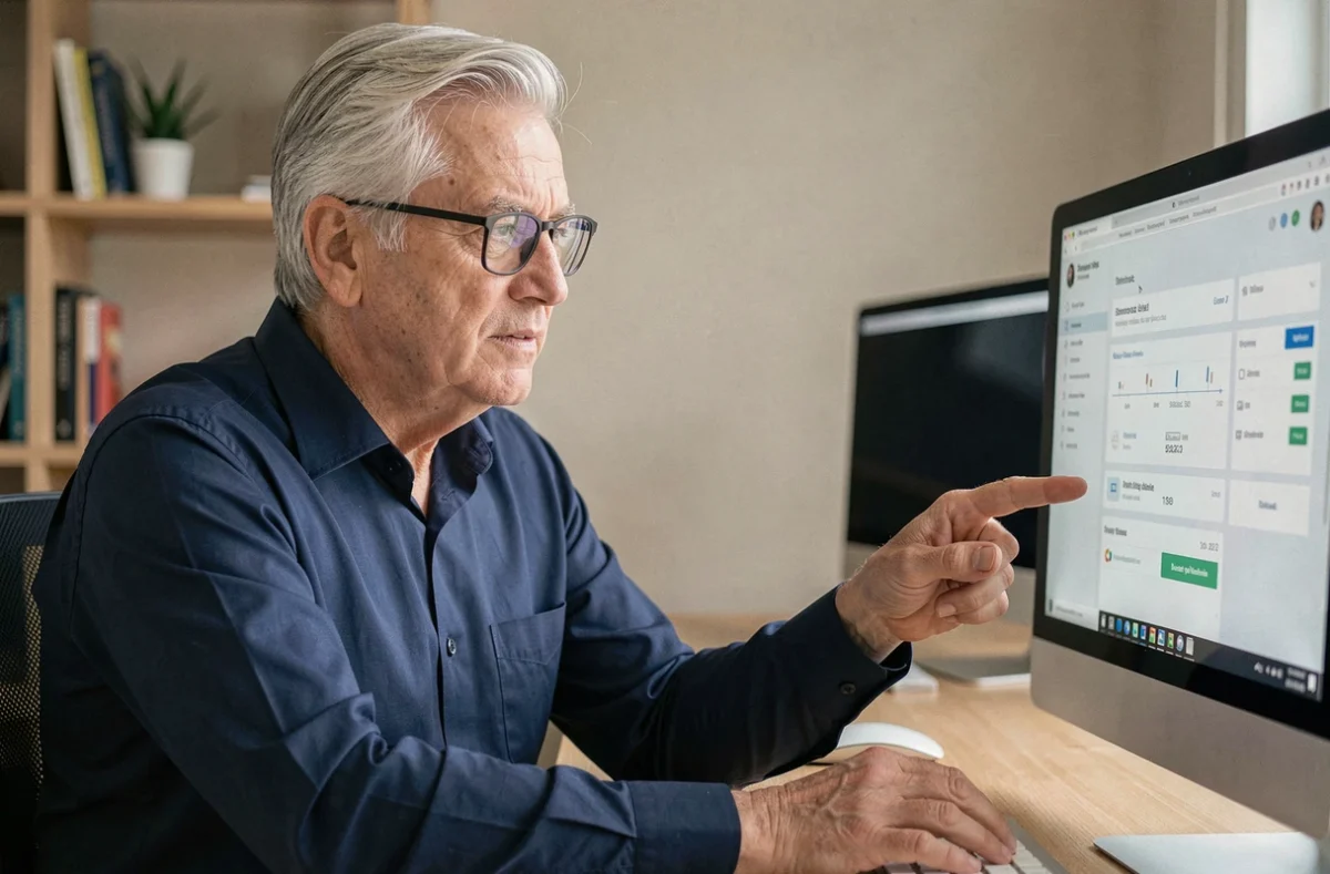 Un homme senior à lunettes pointe un écran d'ordinateur de bureau affichant un tableau de bord de compte client en ligne dans un bureau à domicile organisé