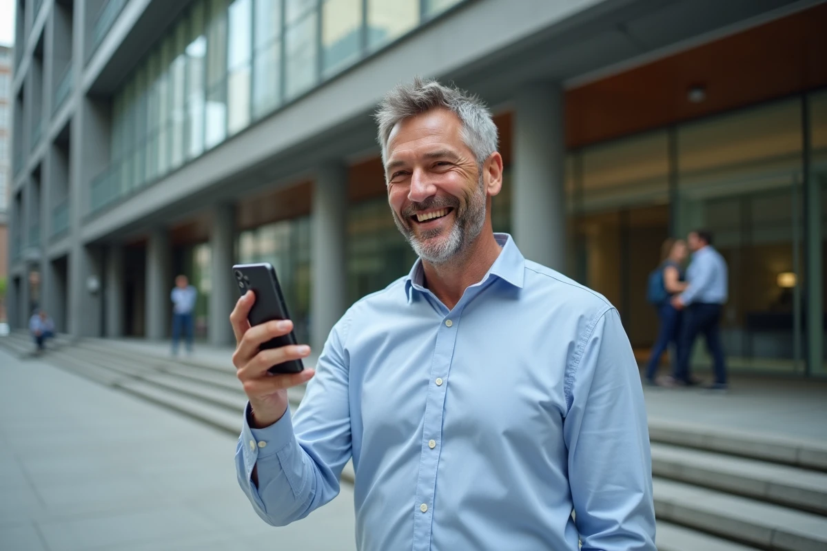Homme souriant avec smartphone devant un bâtiment moderne