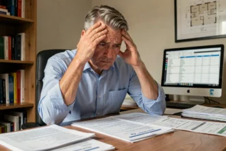 Homme stressé face à des documents de retour de lot immobilier neuf éparpillés sur son bureau