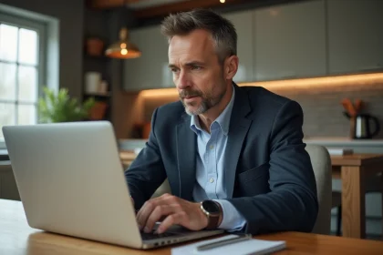 Homme d'âge moyen travaillant sur son ordinateur portable à la maison