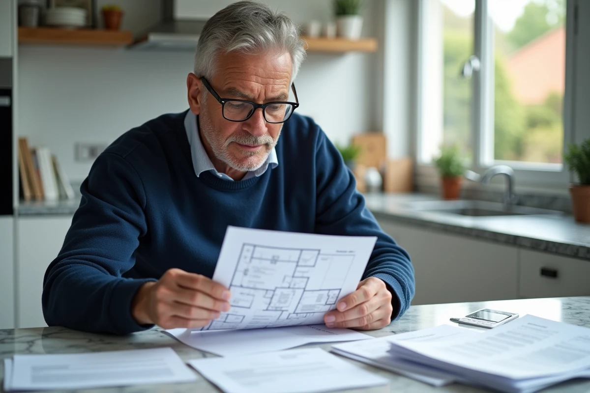 Homme organisant ses documents immobiliers à la cuisine avant une estimation de bien en ligne