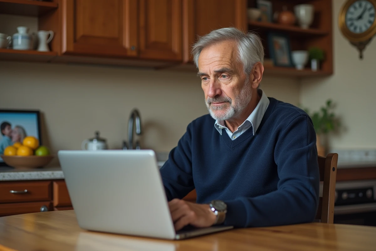 Homme âgé en vidéo appel dans sa cuisine chaleureuse