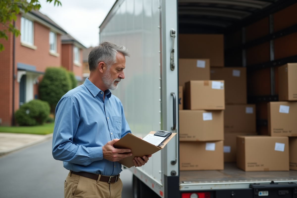 Homme vérifiant des cartons de déménagement dans la rue