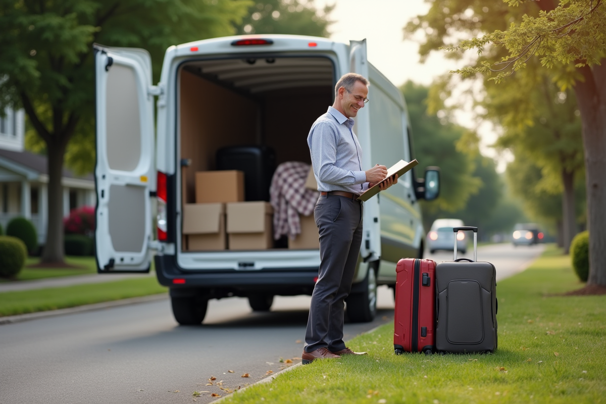 Homme souriant vérifiant une fiche devant un camion de déménagement