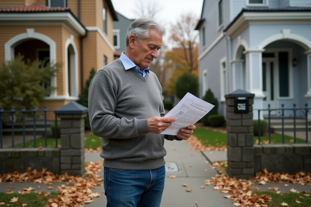 Homme regardant une avis de taxe foncière devant des maisons