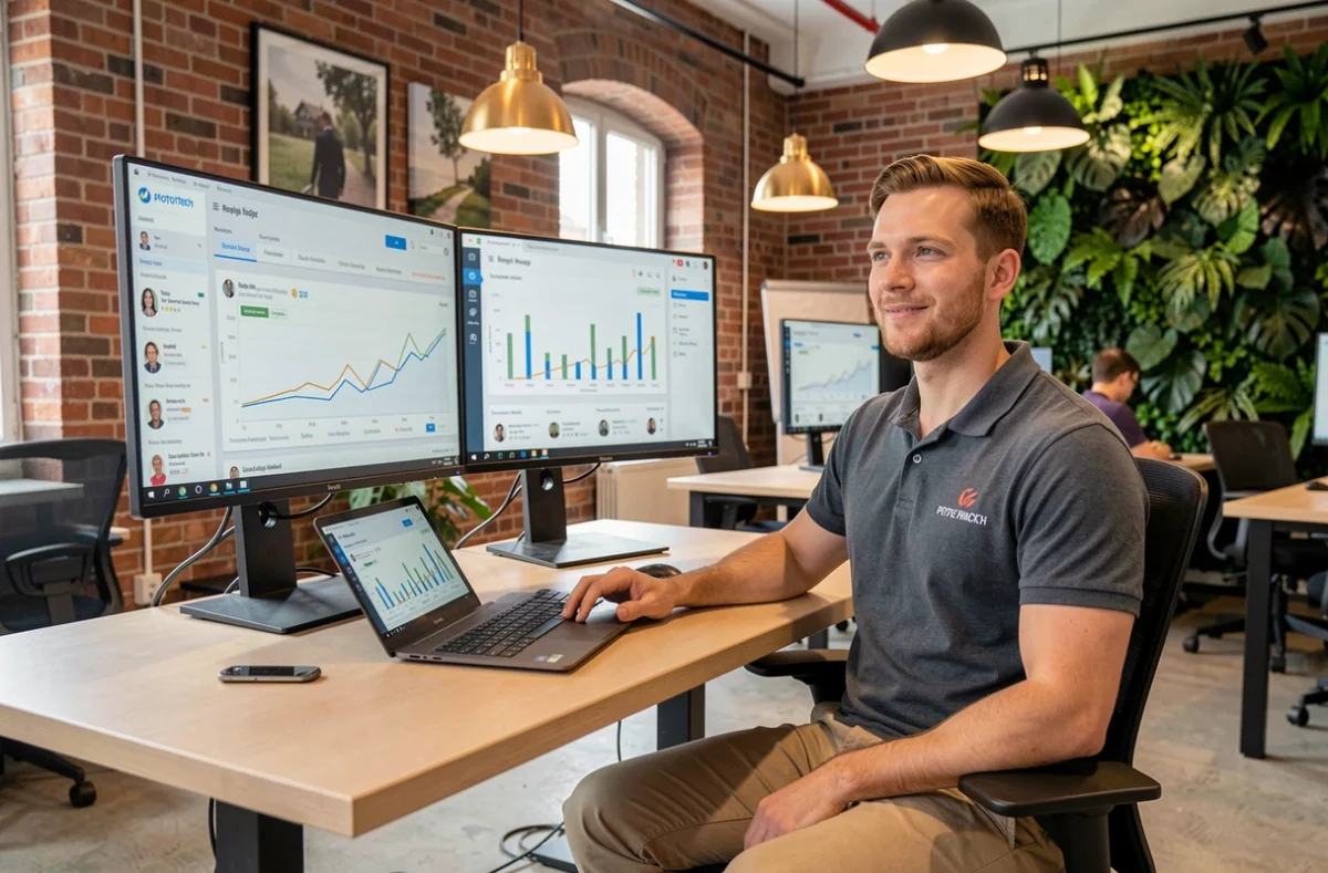 Spécialiste de Hoomy utilisant une plateforme proptech de gestion locative en ligne depuis un bureau moderne à Nantes