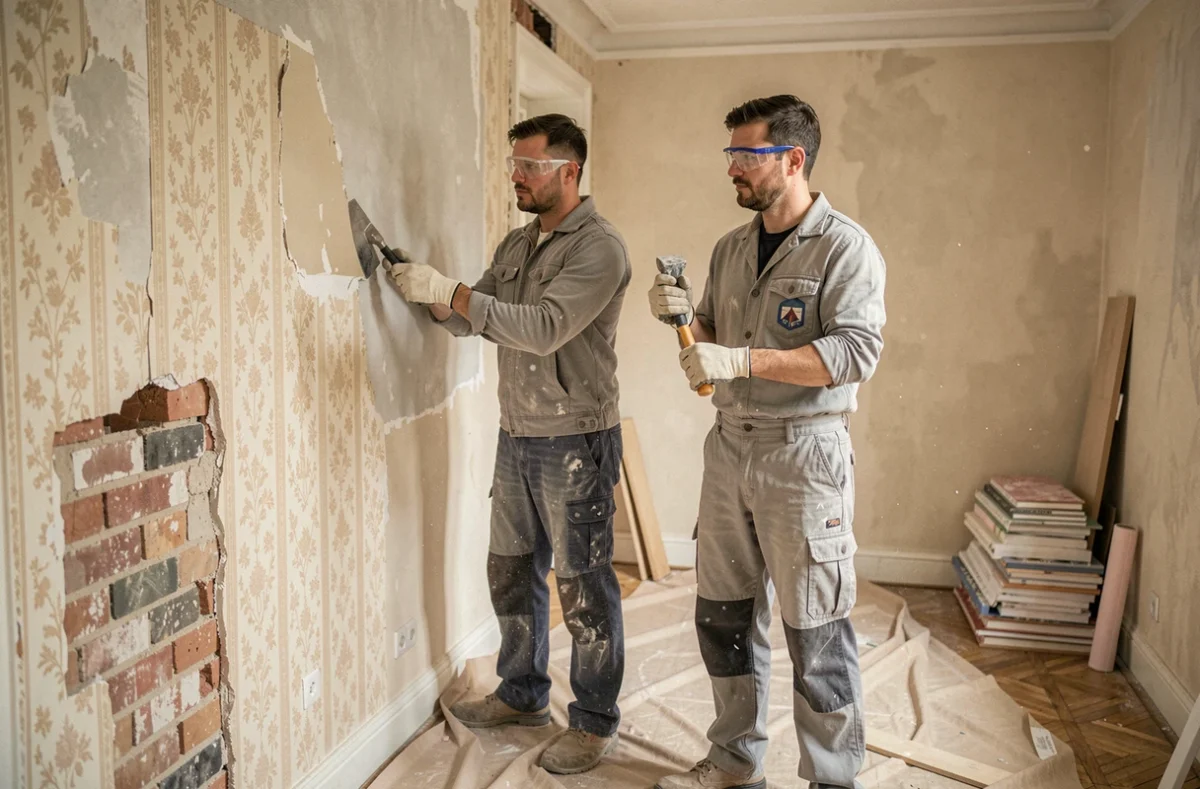 Ouvriers réalisant une rénovation intérieure complète dans un appartement à Saint-Denis