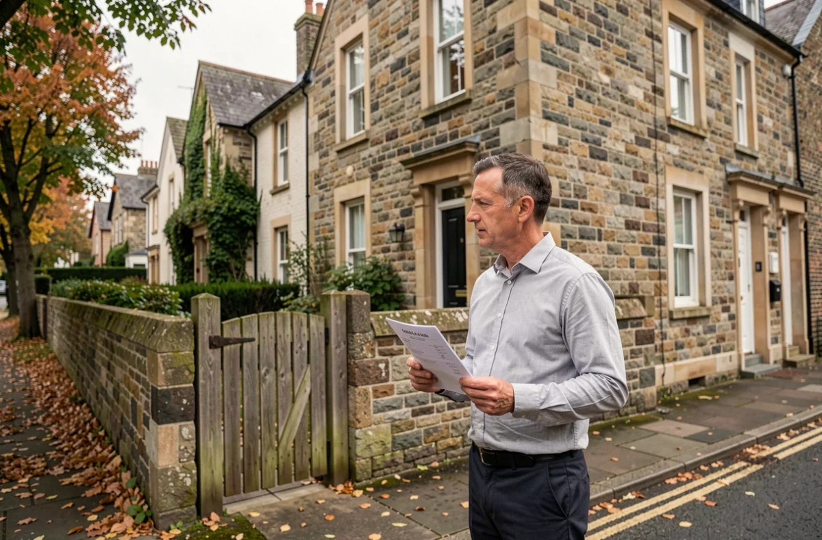 Homme consultant une adresse devant une maison en pierre pour retrouver légalement l'identité du propriétaire d'un bien immobilier