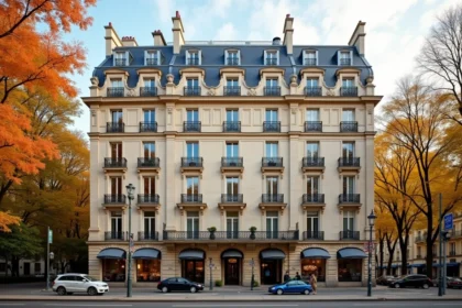Façade complète d'un immeuble haussmannien parisien avec ses six étages, balcons filants, corniches ornementées et toiture en ardoise