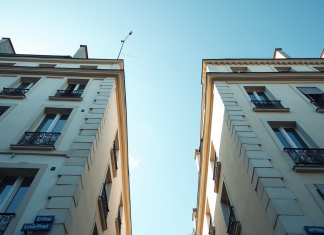 Deux immeubles modernes avec panneaux Loi Pinel et Duflot à Paris