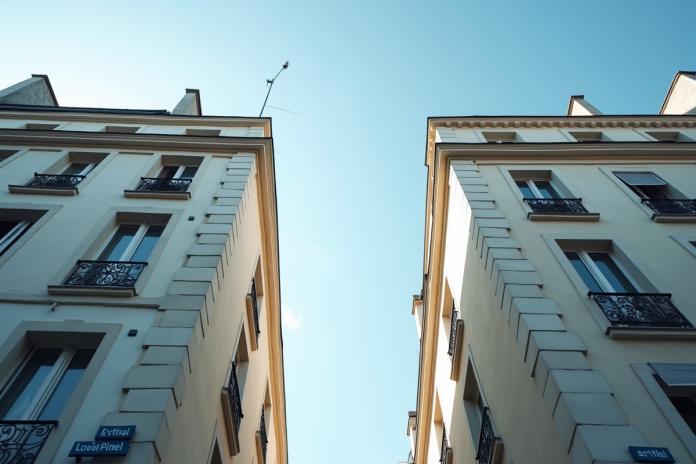 Deux immeubles modernes avec panneaux Loi Pinel et Duflot à Paris