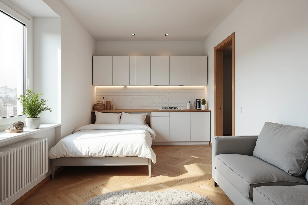 Intérieur d'un appartement T1 bis avec alcôve chambre séparée et espace de vie ouvert